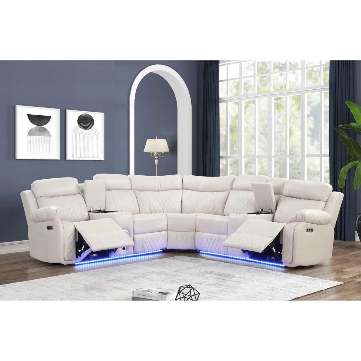 Power Reclining Sectional Sofa with Bluetooth Speakers and LED Lights - Beige