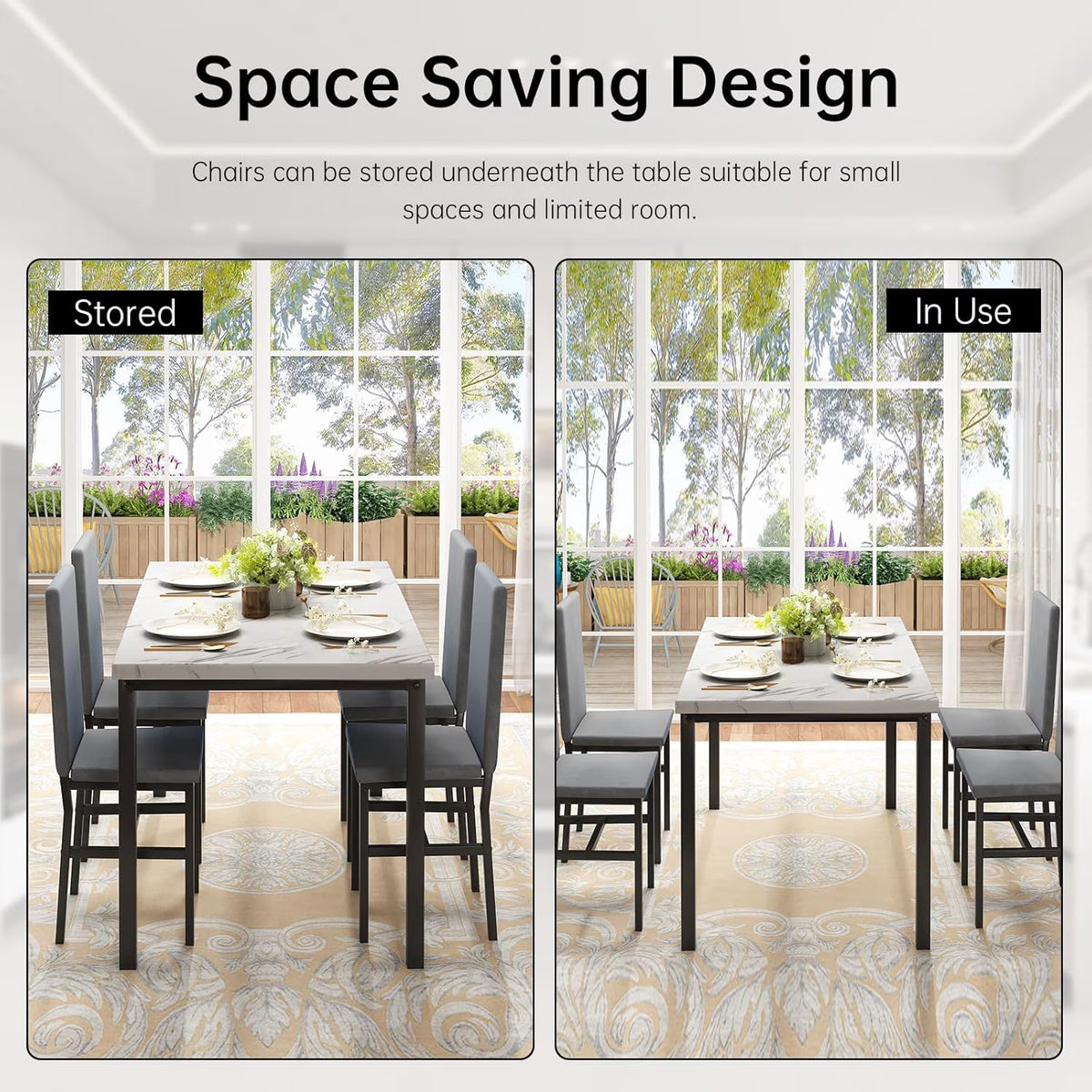5-Piece Dining Table Set for 4, Modern Faux Marble Dining Table with 4 Velvet Chairs, White & Grey