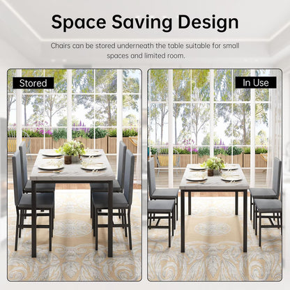 5-Piece Dining Table Set for 4, Modern Faux Marble Dining Table with 4 Velvet Chairs, White & Grey
