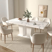 Extendable Dining Room Table for 6-10 Person, Modern Large Rectangular Kitchen Tables W/Dual Column Pedestal Base for Kitchen Living Room, White Marble