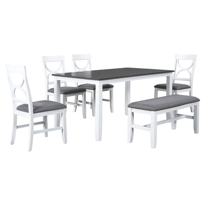 TOPMAX 6-Piece Wood Dining Table Set Kitchen Table Set with Upholstered Bench and 4 Dining Chairs, Farmhouse Style,Gray+White (old sku: SP000003AAK)