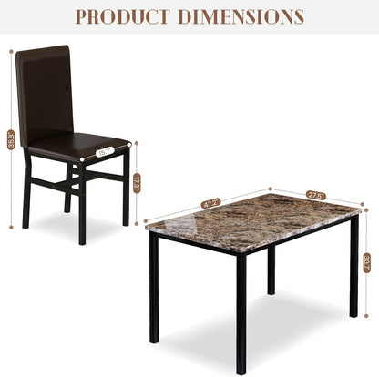 Dining Table Set for 4, Faux Marble Table & 4 Leather Chair Set, Brown