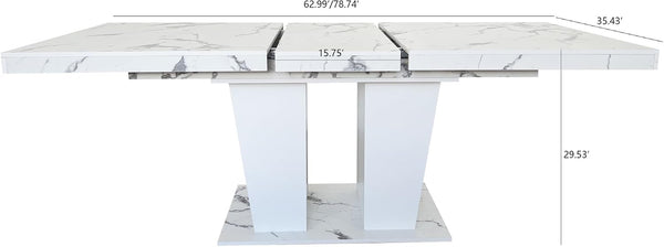 Extendable Dining Table Designed for Modern Living, Seats 6-10 People, White Marble Finish, Dual Pedestal Base