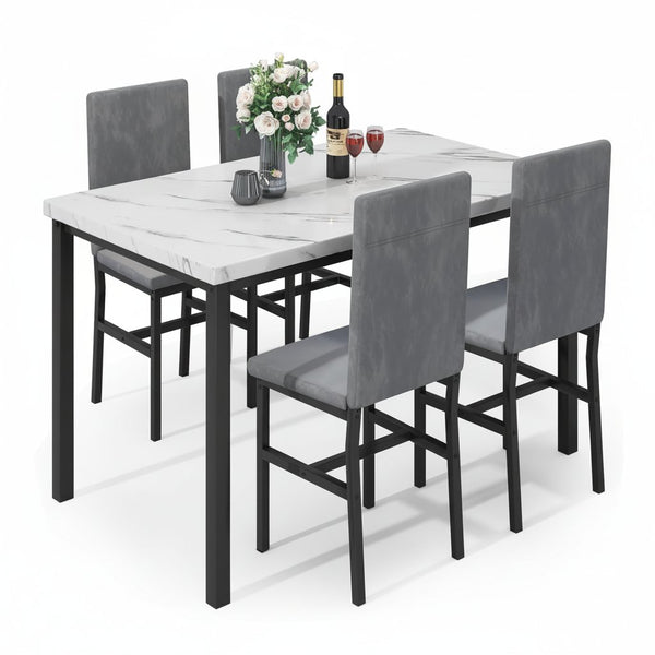 5-Piece Dining Table Set for 4, Modern Faux Marble Dining Table with 4 Velvet Chairs, White & Grey