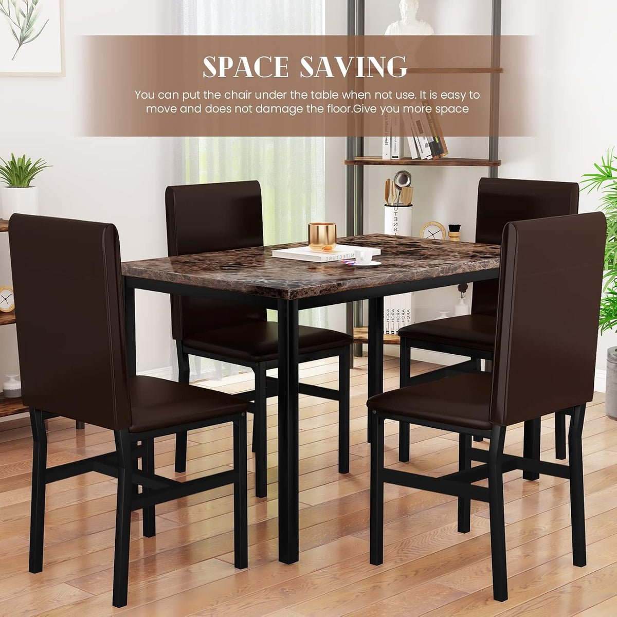 Dining Table Set for 4, Faux Marble Table & 4 Leather Chair Set, Brown