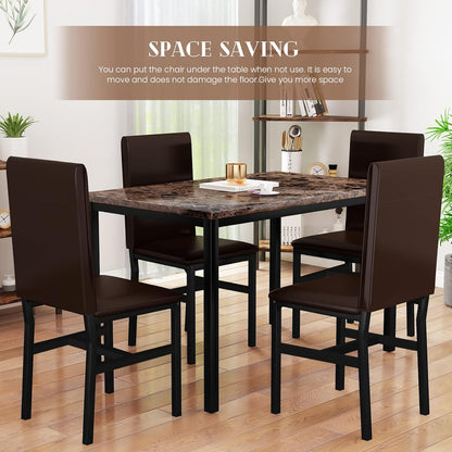 Dining Table Set for 4, Faux Marble Table & 4 Leather Chair Set, Brown