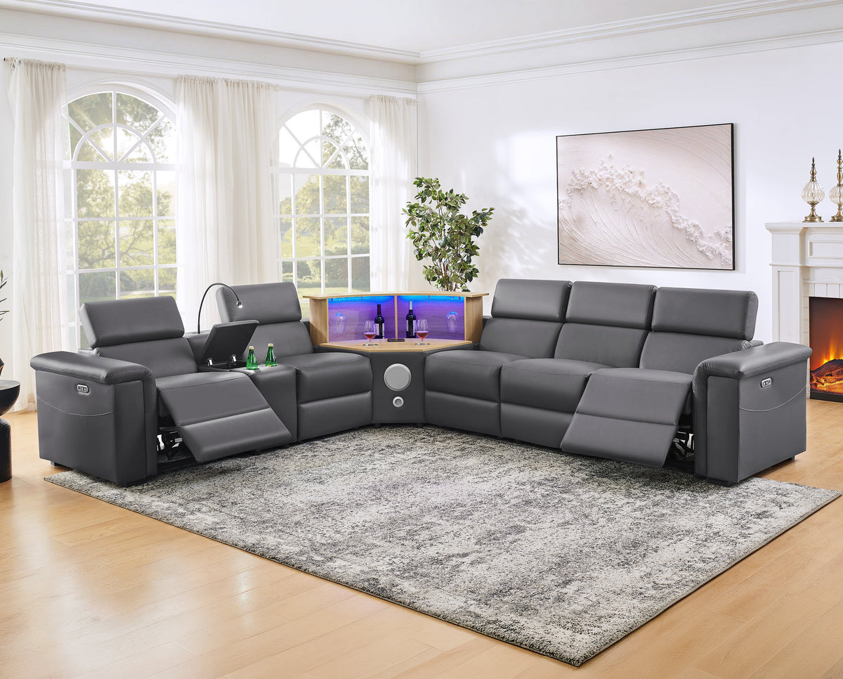 5-Seater L-Shaped Powered Recliner Sectional Sofa with Motorized Lift Cabinet - Black or Dark Grey