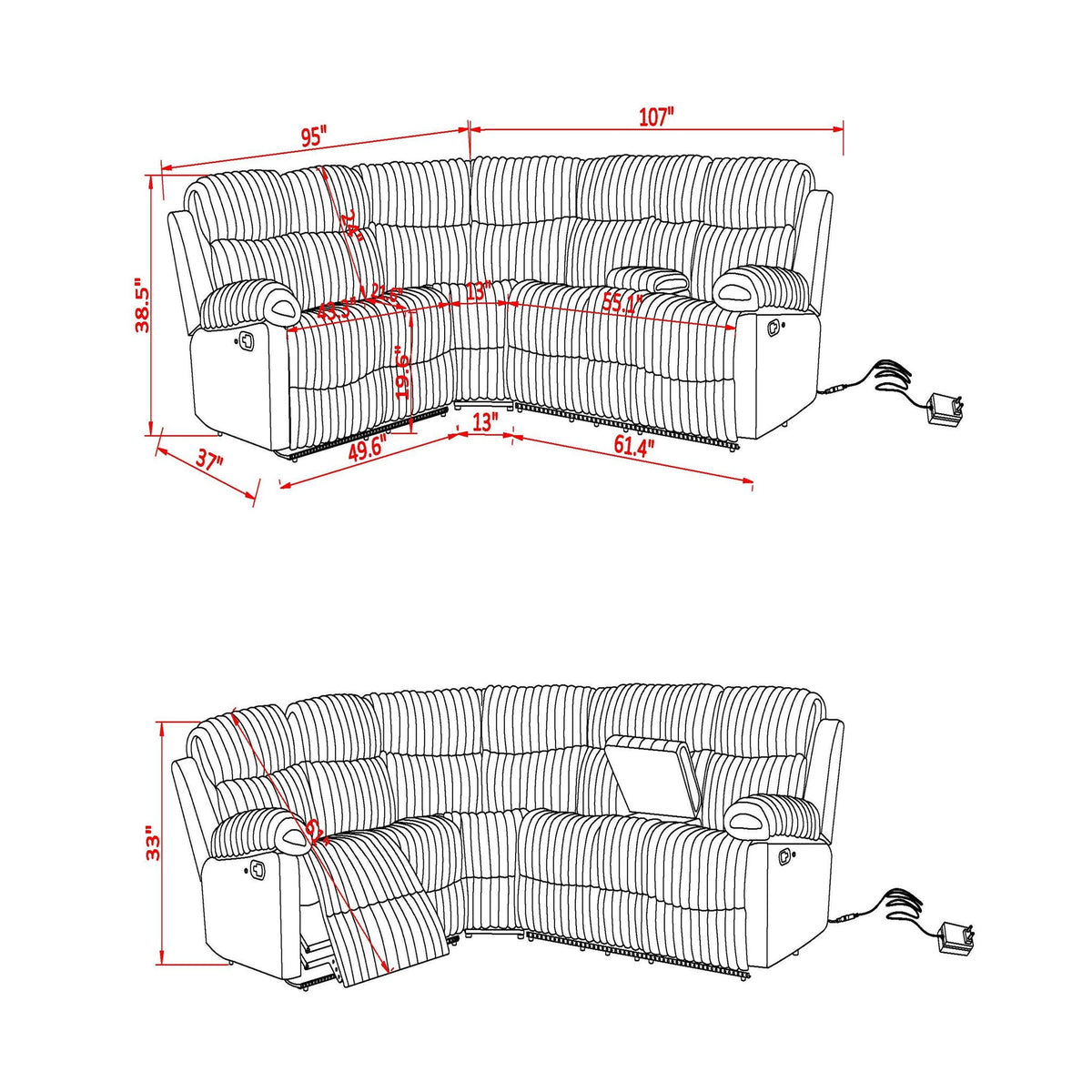 Gray Sectional Reclining Sofa with LED Lighting and Manual Recline
