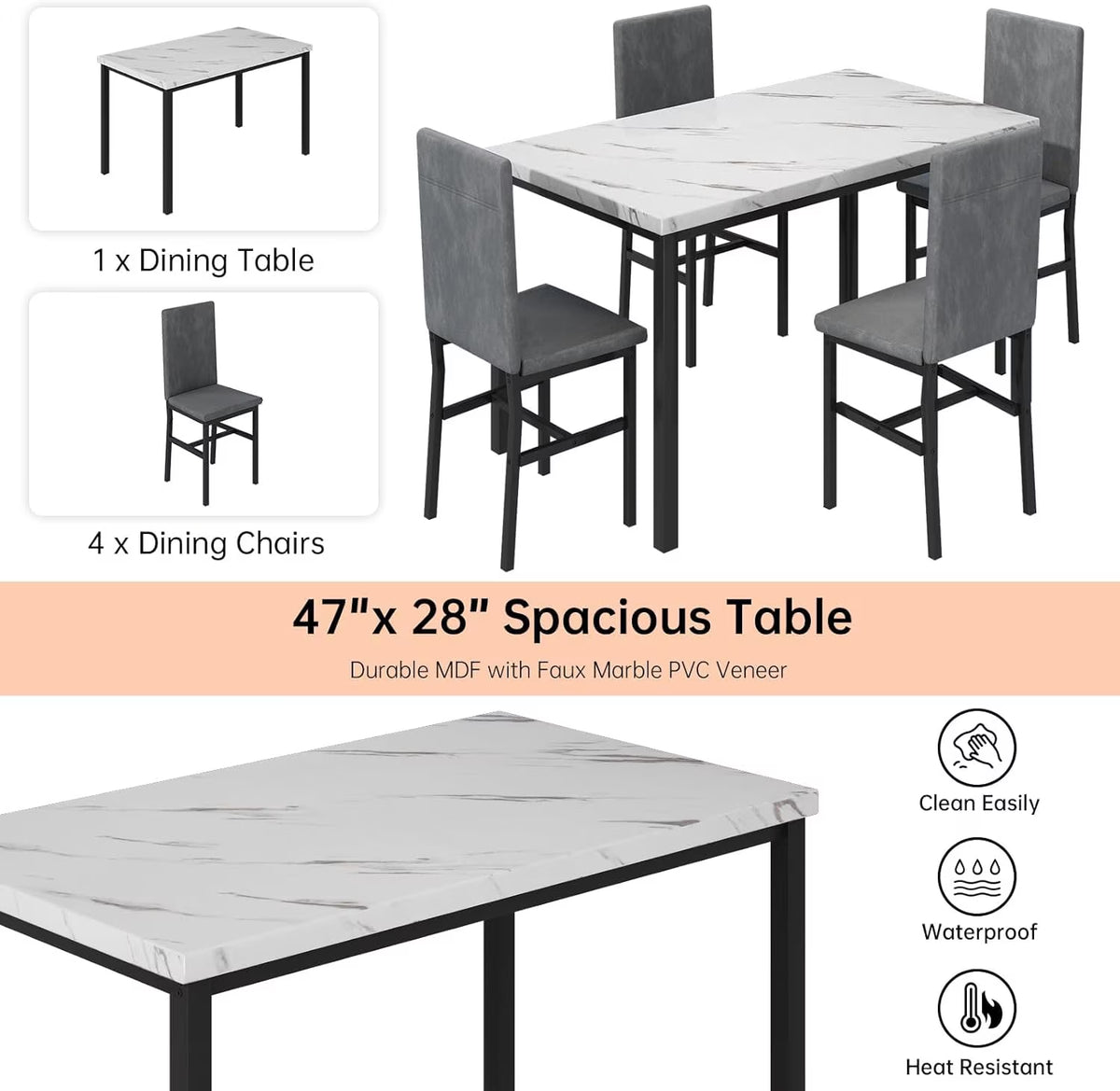 5-Piece Dining Table Set for 4, Modern Faux Marble Dining Table with 4 Velvet Chairs, White & Grey
