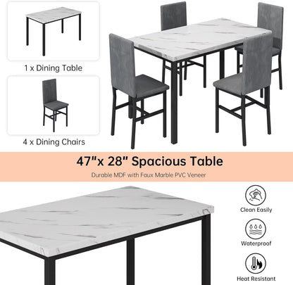 5-Piece Dining Table Set for 4, Modern Faux Marble Dining Table with 4 Velvet Chairs, White & Grey