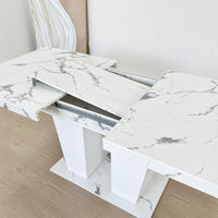 Extendable Dining Room Table for 6-10 Person, Modern Large Rectangular Kitchen Tables W/Dual Column Pedestal Base for Kitchen Living Room, White Marble