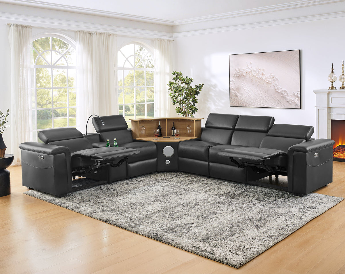 5-Seater L-Shaped Powered Recliner Sectional Sofa with Motorized Lift Cabinet - Black or Dark Grey