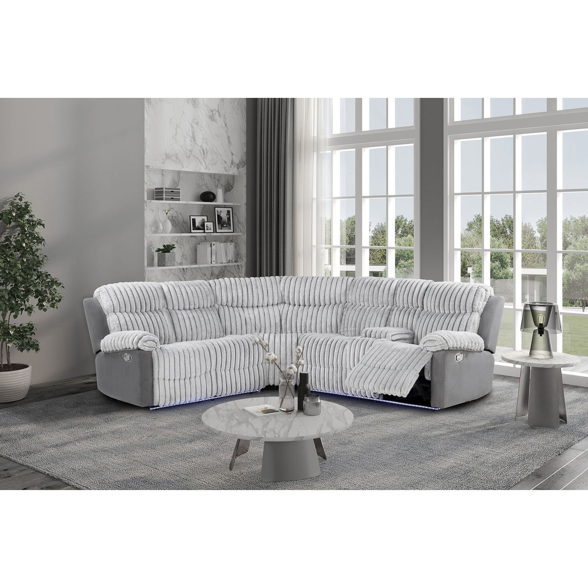 Gray Sectional Reclining Sofa with LED Lighting and Manual Recline