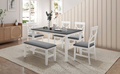TOPMAX 6-Piece Wood Dining Table Set Kitchen Table Set with Upholstered Bench and 4 Dining Chairs, Farmhouse Style,Gray+White (old sku: SP000003AAK)