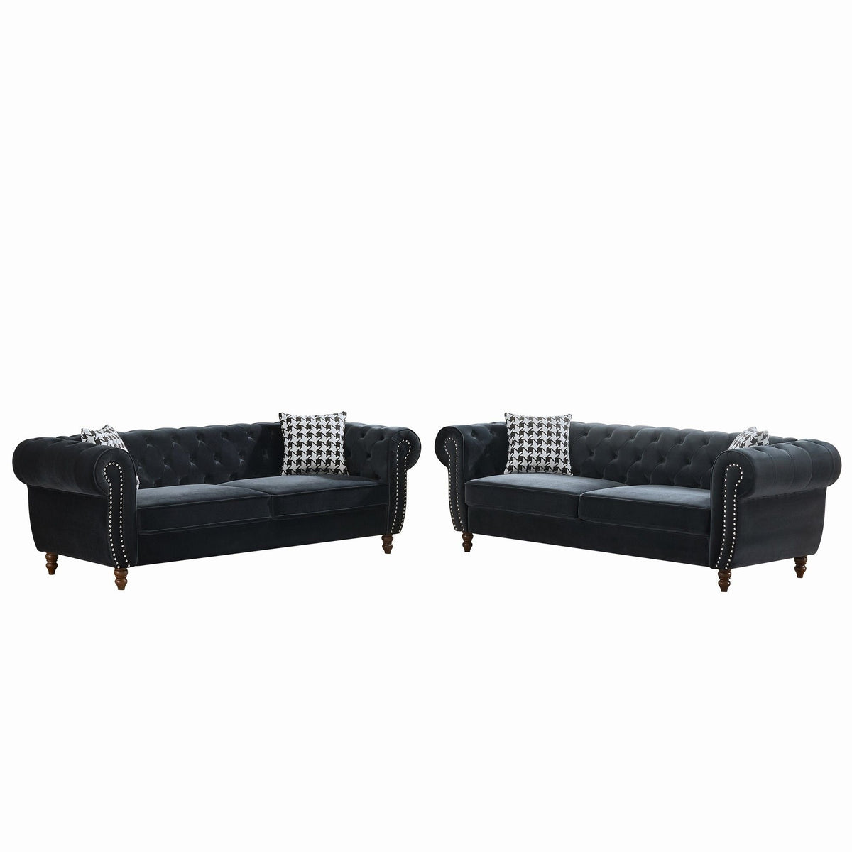 Chesterfield Upholstery Fabric Sofa With Roll Armrest & Nailhead, Mid Century Modern 3 And 3 Seater Couch