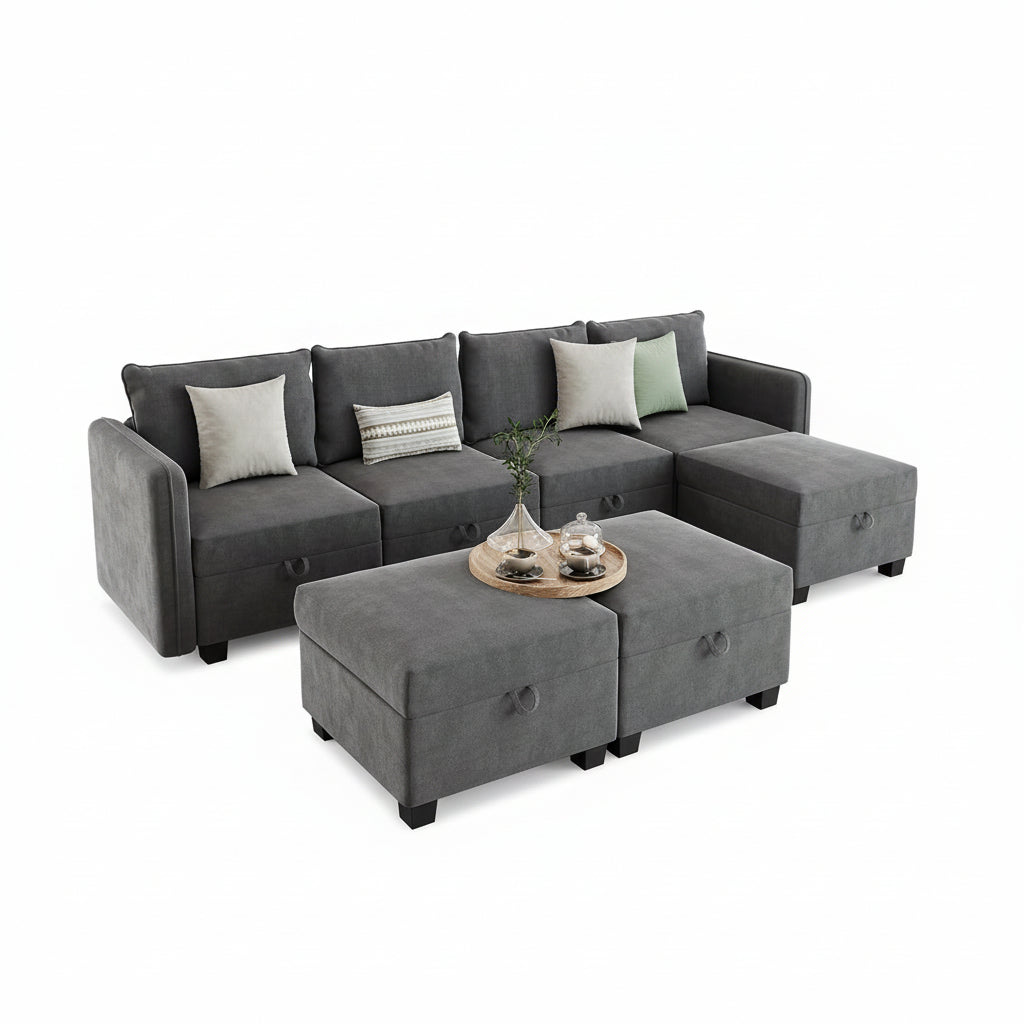 Modular Sectional Sofa with Storage, Sectional Couch with 3 Ottomans,Oversized Upholstered Sleeper Couches for Living Room, High Supportive & Soft Sponge, 7 Seat, Dark Grey