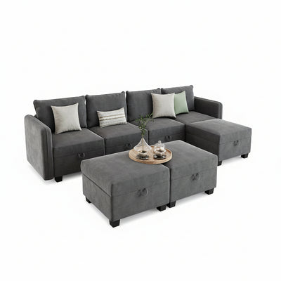 Modular Sectional Sofa with Storage, Sectional Couch with 3 Ottomans,Oversized Upholstered Sleeper Couches for Living Room, High Supportive & Soft Sponge, 7 Seat, Dark Grey