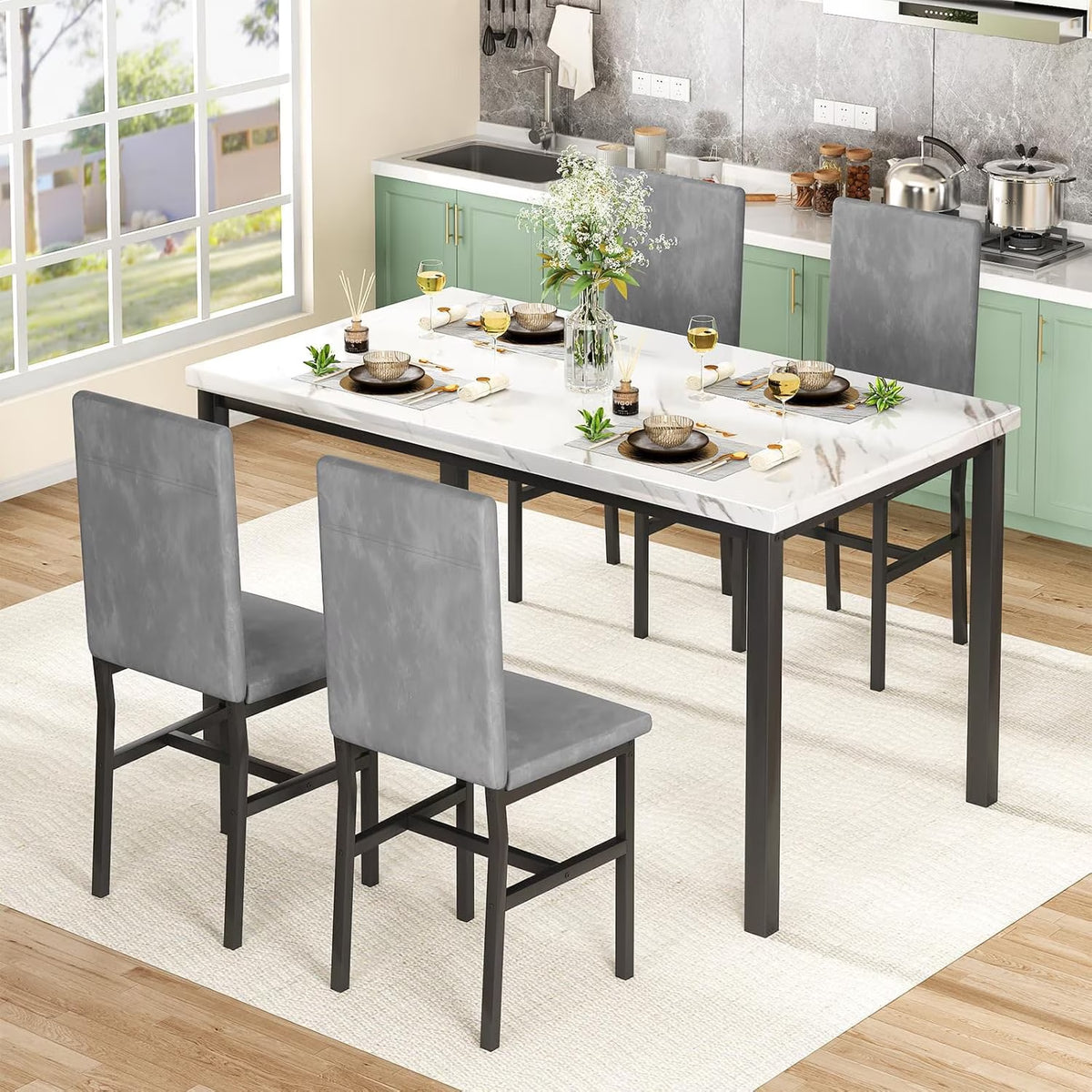 5-Piece Dining Table Set for 4, Modern Faux Marble Dining Table with 4 Velvet Chairs, White & Grey