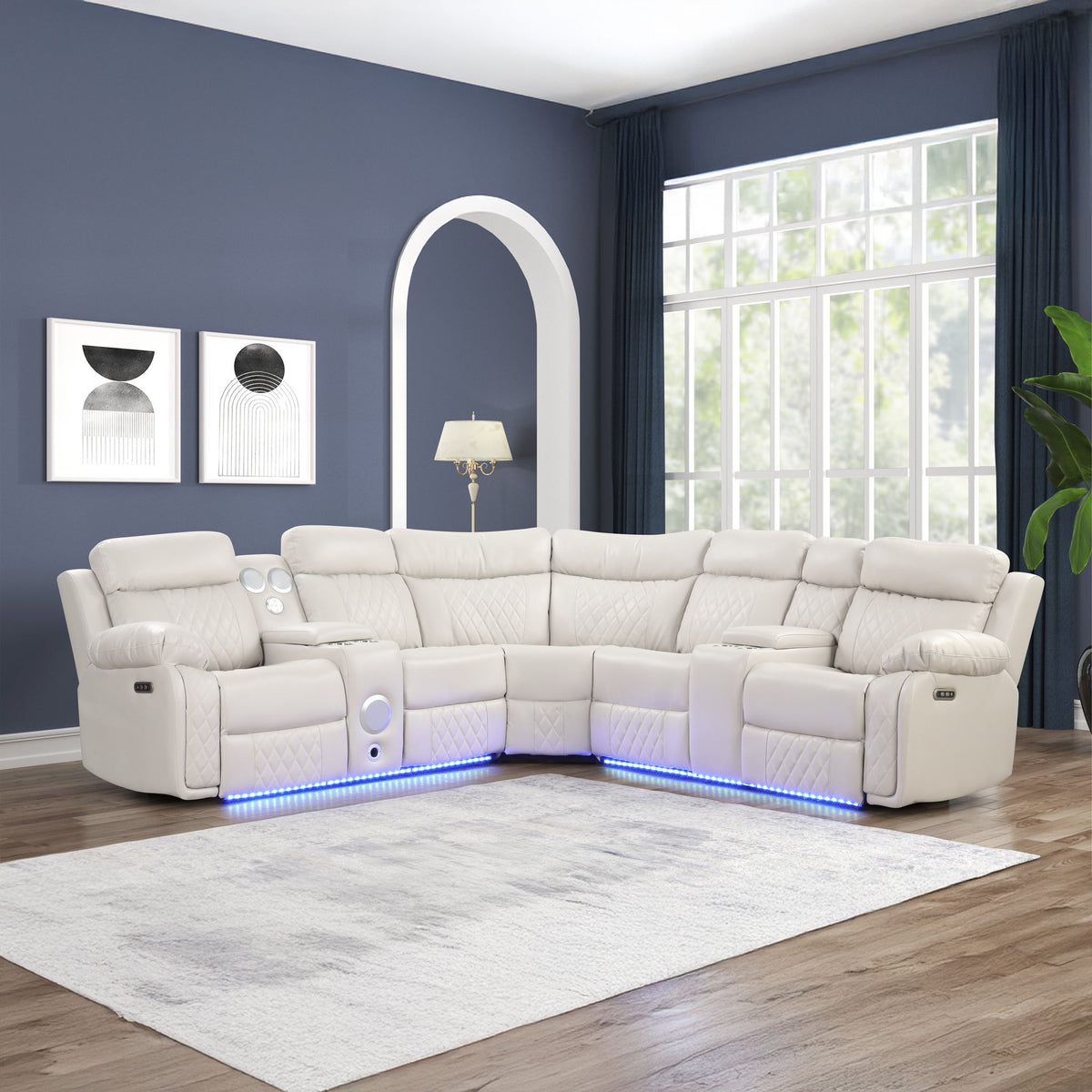 Power Reclining Sectional Sofa with Bluetooth Speakers and LED Lights - Beige