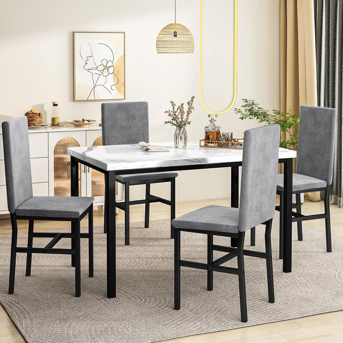 5-Piece Dining Table Set for 4, Modern Faux Marble Dining Table with 4 Velvet Chairs, White & Grey
