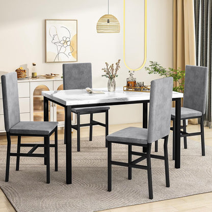 5-Piece Dining Table Set for 4, Modern Faux Marble Dining Table with 4 Velvet Chairs, White & Grey