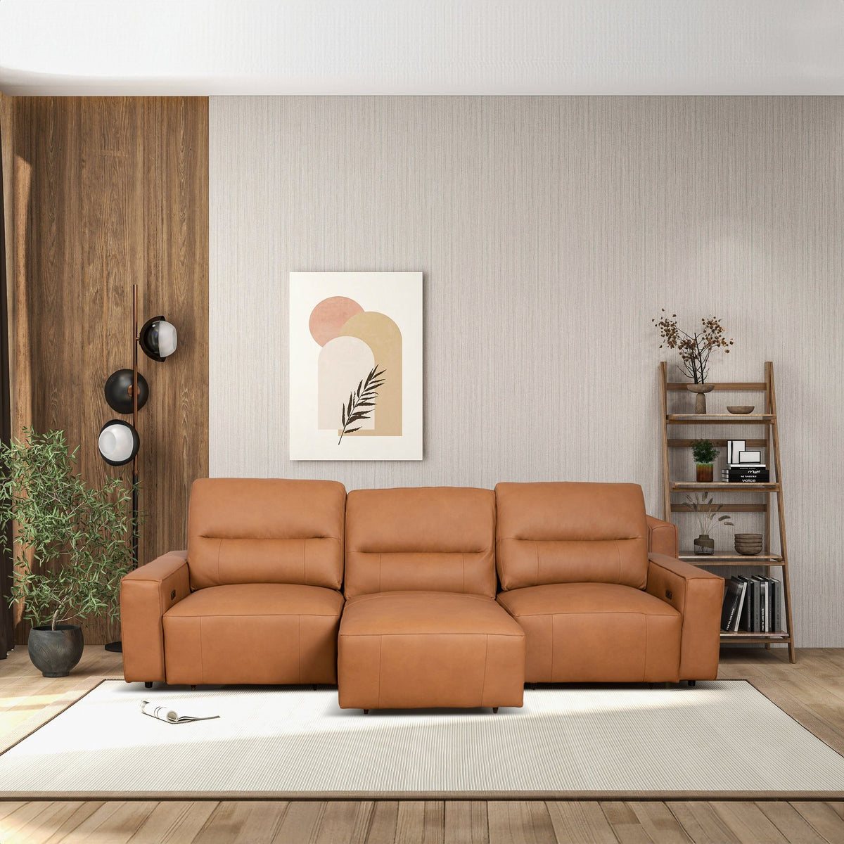 Triple Power Convertible Sofa Reclining Sectional with Queen Bed - Cognac
