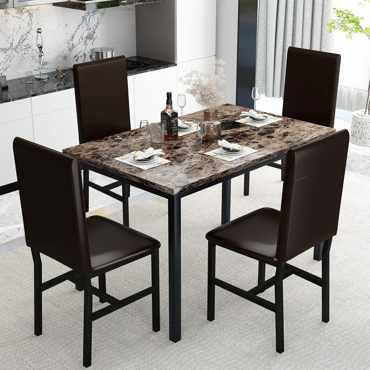 Dining Table Set for 4, Faux Marble Table & 4 Leather Chair Set, Brown