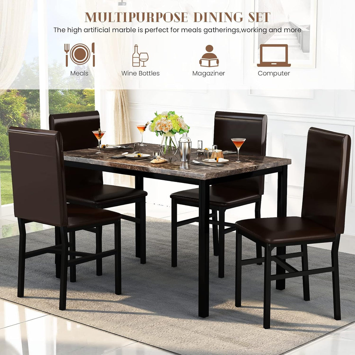 Dining Table Set for 4, Faux Marble Table & 4 Leather Chair Set, Brown