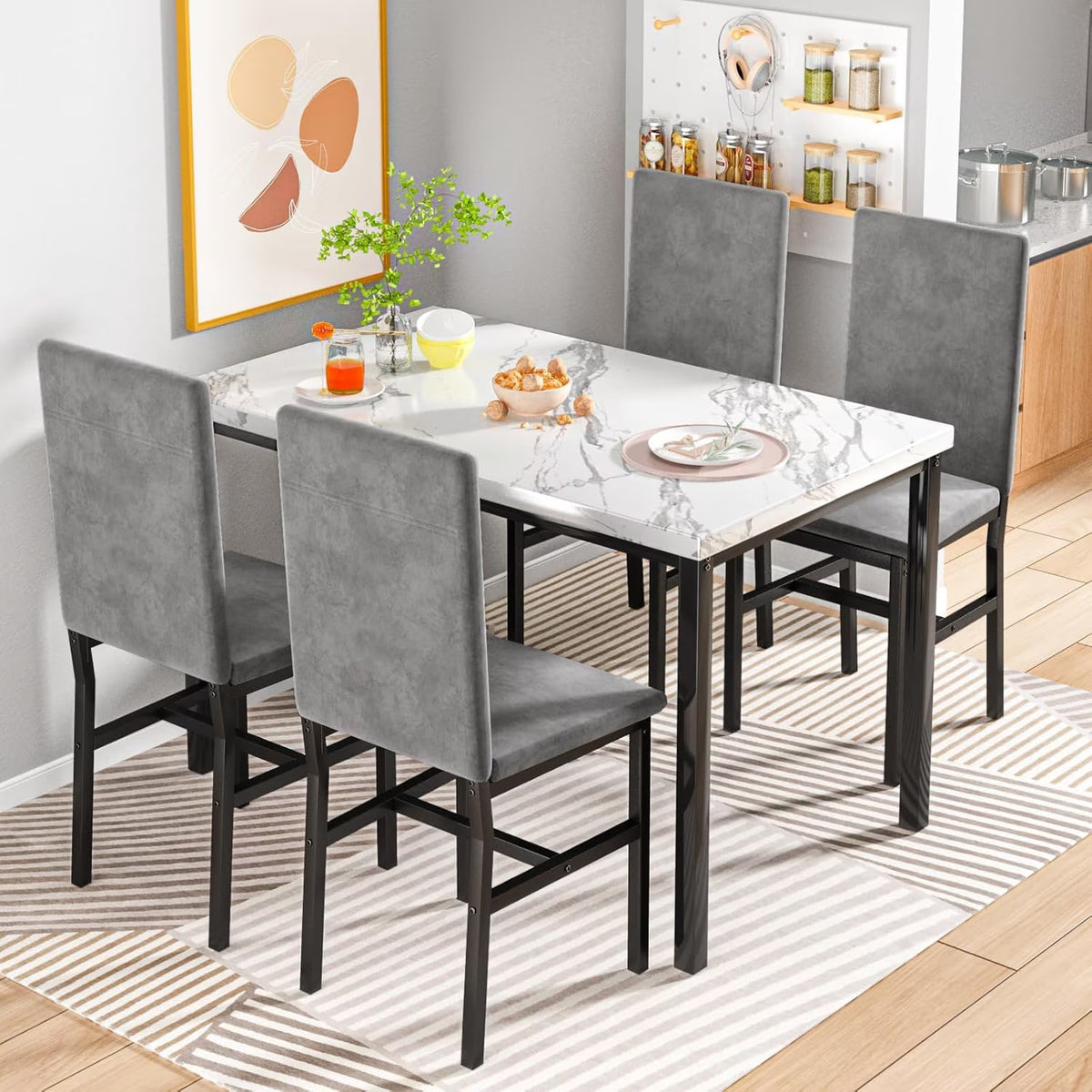 5-Piece Dining Table Set for 4, Modern Faux Marble Dining Table with 4 Velvet Chairs, White & Grey