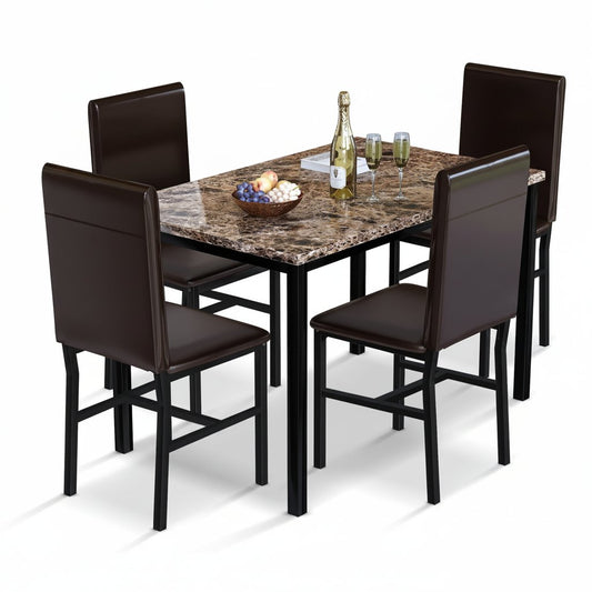 Dining Table Set for 4, Faux Marble Table & 4 Leather Chair Set, Brown
