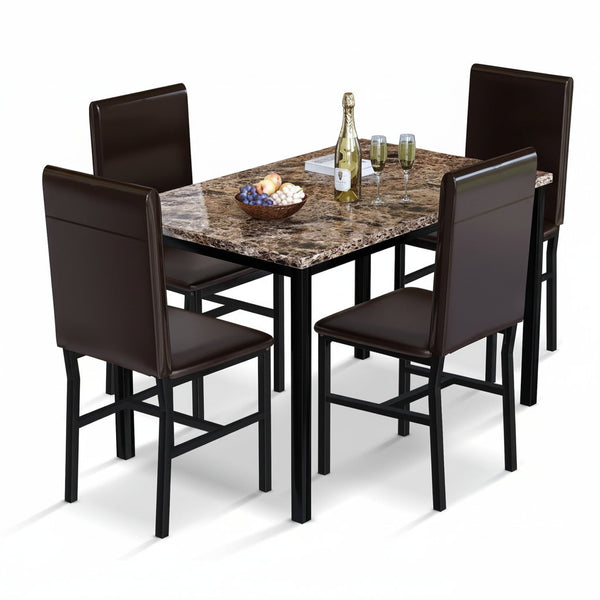 Dining Table Set for 4, Faux Marble Table & 4 Leather Chair Set, Brown