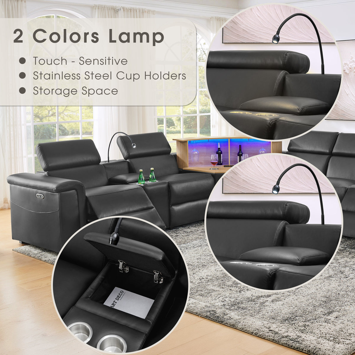 5-Seater L-Shaped Powered Recliner Sectional Sofa with Motorized Lift Cabinet - Black or Dark Grey
