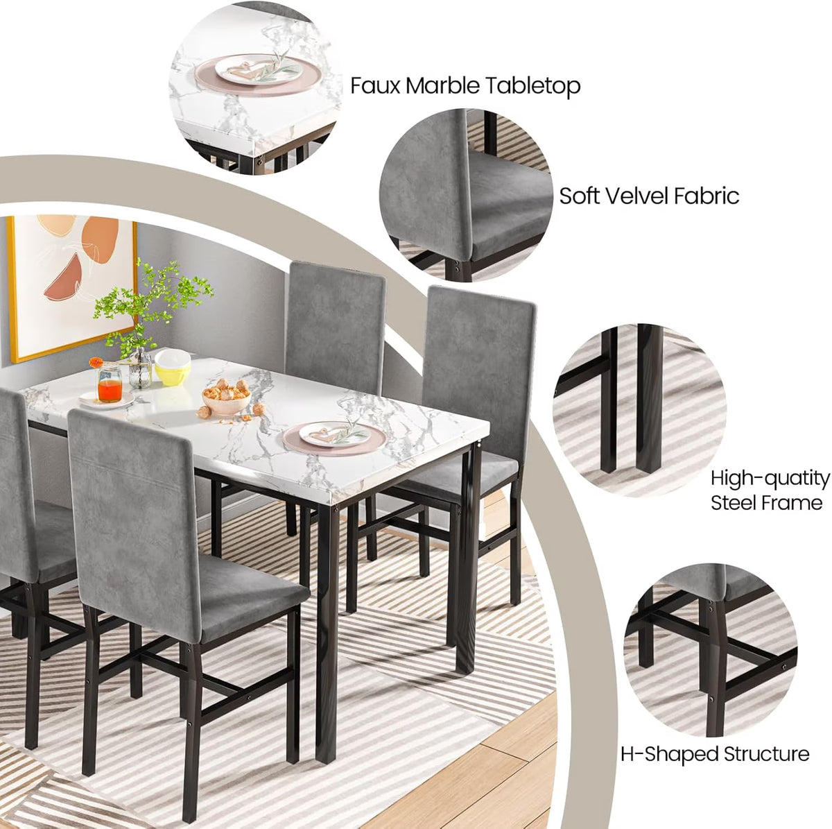 5-Piece Dining Table Set for 4, Modern Faux Marble Dining Table with 4 Velvet Chairs, White & Grey