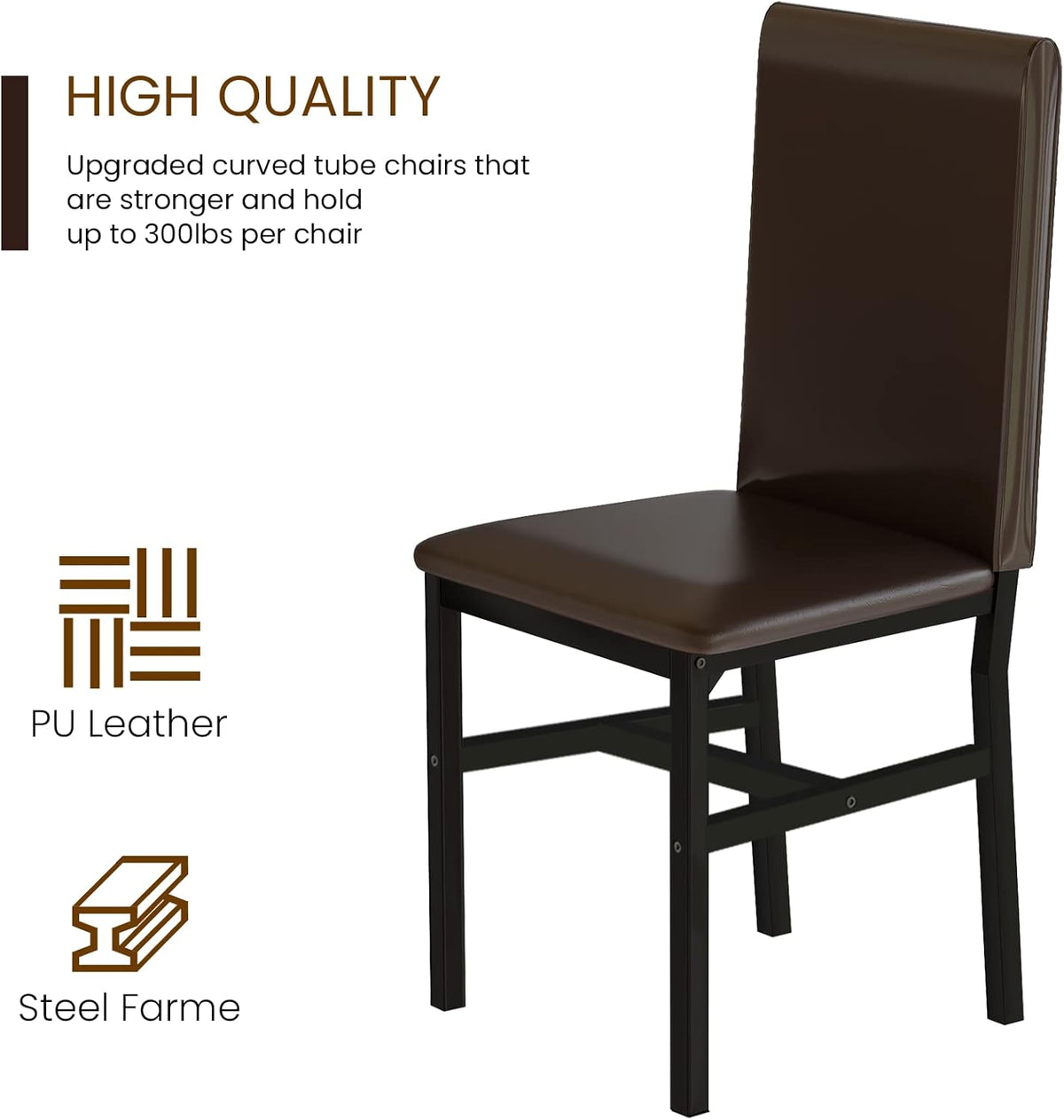 Dining Table Set for 4, Faux Marble Table & 4 Leather Chair Set, Brown