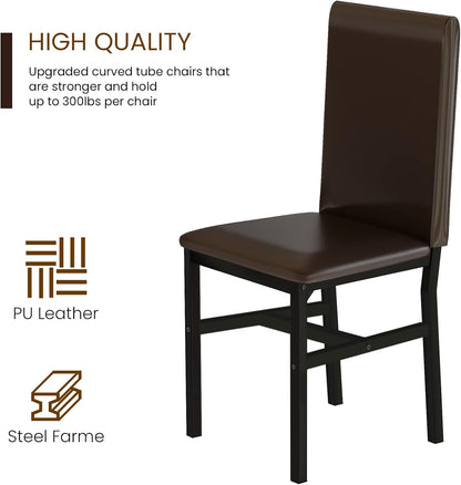 Dining Table Set for 4, Faux Marble Table & 4 Leather Chair Set, Brown