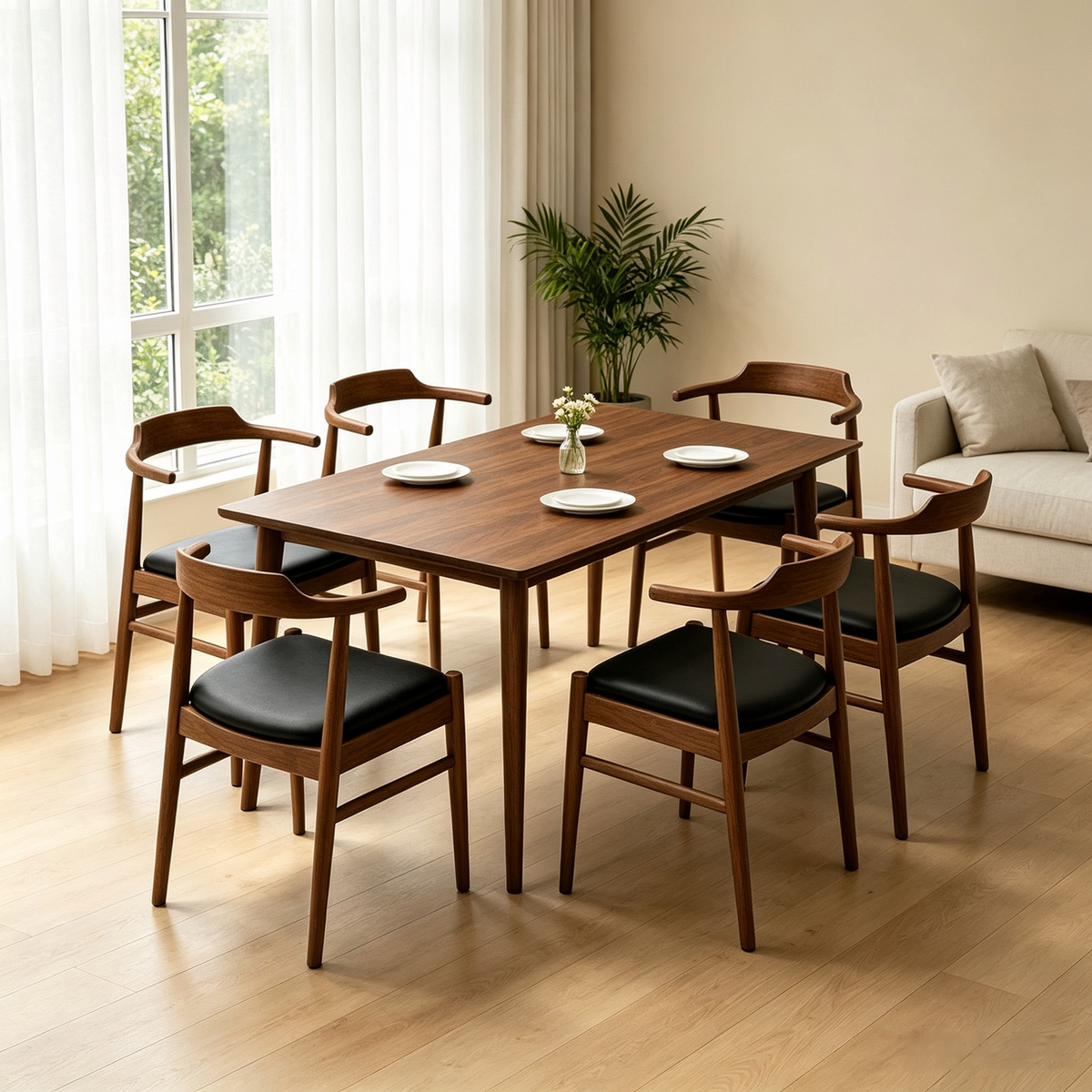Levi Mid‑Century Solid Wood Dining Table Set, 86" Rectangular Kitchen Dining Table with 6 Pcs Leon PU Leather Dining Chairs, Modern Wood Dining Room Furniture Set for Home Kitchen