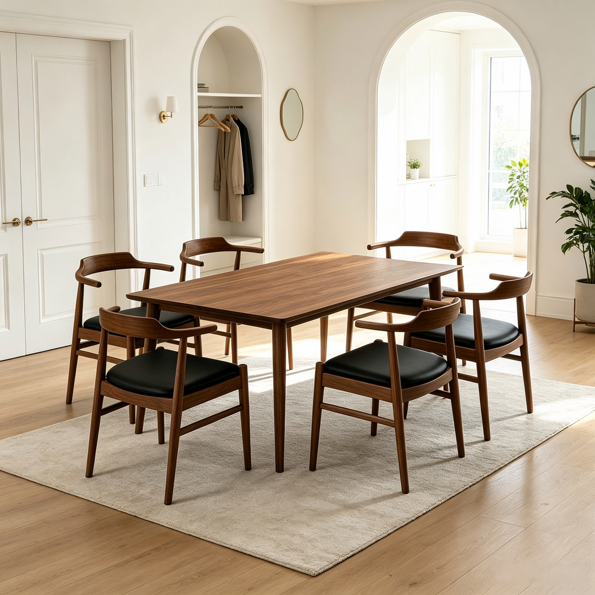 Levi Mid‑Century Solid Wood Dining Table Set, 86" Rectangular Kitchen Dining Table with 6 Pcs Leon PU Leather Dining Chairs, Modern Wood Dining Room Furniture Set for Home Kitchen