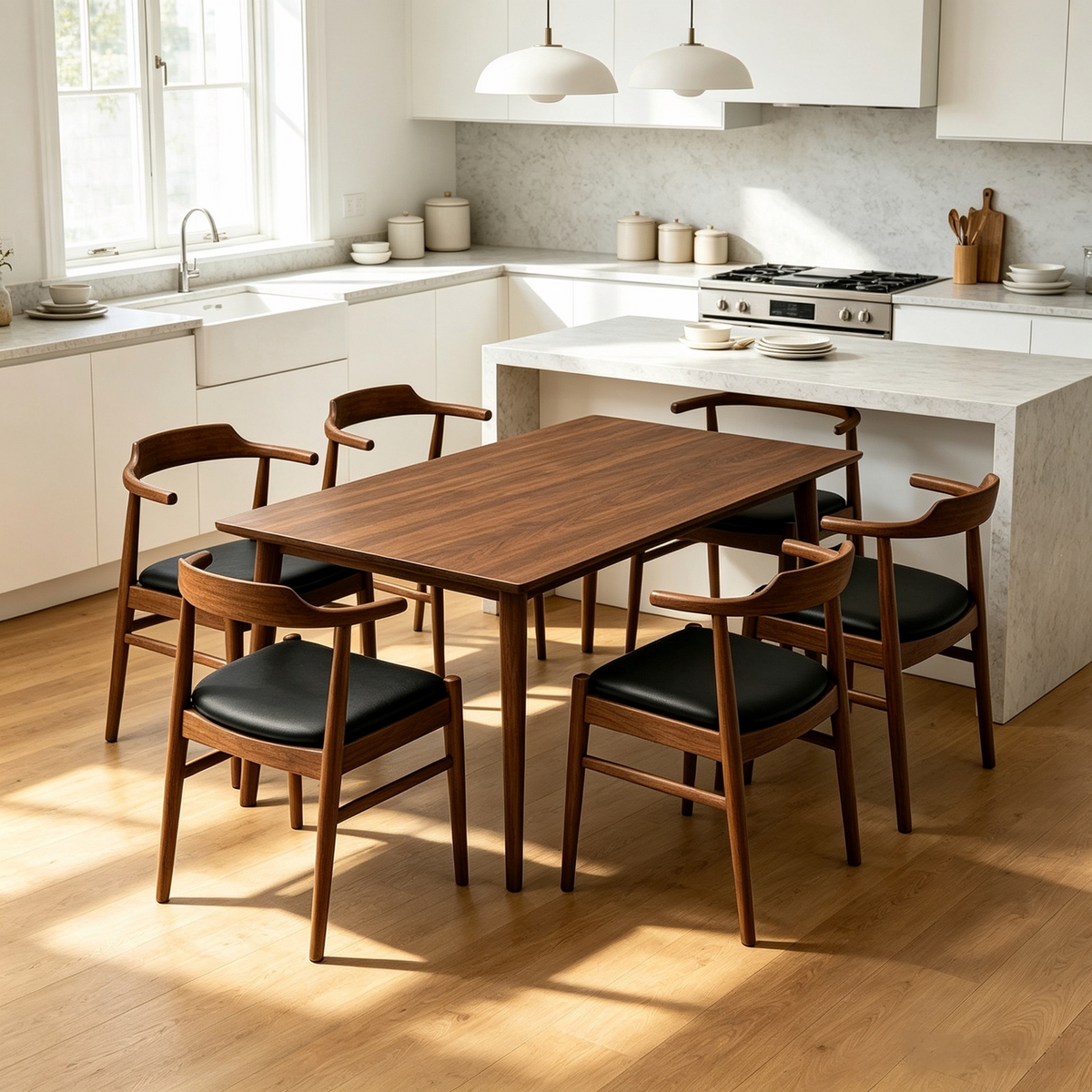 Levi Mid‑Century Solid Wood Dining Table Set, 86" Rectangular Kitchen Dining Table with 6 Pcs Leon PU Leather Dining Chairs, Modern Wood Dining Room Furniture Set for Home Kitchen