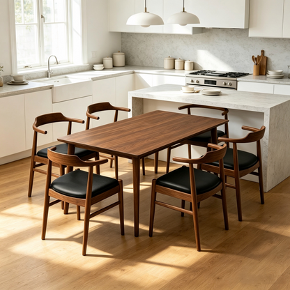 Levi Mid‑Century Solid Wood Dining Table Set, 86" Rectangular Kitchen Dining Table with 6 Pcs Leon PU Leather Dining Chairs, Modern Wood Dining Room Furniture Set for Home Kitchen
