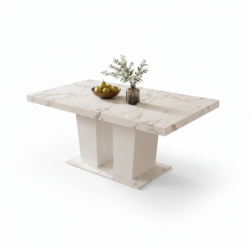 Extendable Dining Room Table for 6-10 Person, Modern Large Rectangular Kitchen Tables W/Dual Column Pedestal Base for Kitchen Living Room, White Marble
