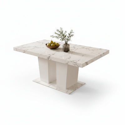 Extendable Dining Table Designed for Modern Living, Seats 6-10 People, White Marble Finish, Dual Pedestal Base