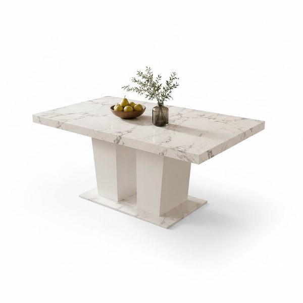 Extendable Dining Room Table for 6-10 Person, Modern Large Rectangular Kitchen Tables W/Dual Column Pedestal Base for Kitchen Living Room, White Marble