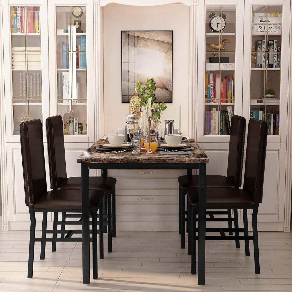Dining Table Set for 4, Faux Marble Table & 4 Leather Chair Set, Brown