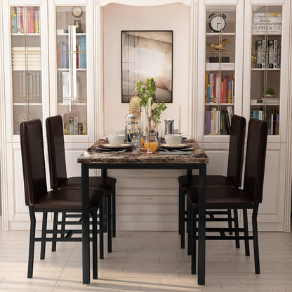 Dining Table Set for 4, Faux Marble Table & 4 Leather Chair Set, Brown