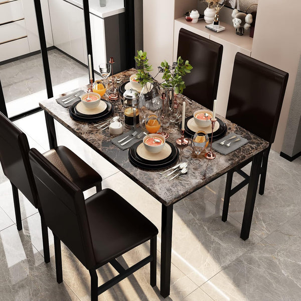 Dining Table Set for 4, Faux Marble Table & 4 Leather Chair Set, Brown