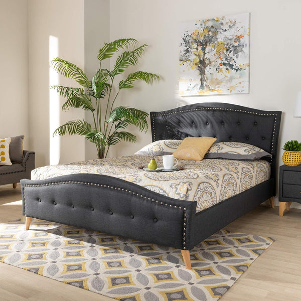King Platform Bed Designed for Modern Bedrooms, Tufted Upholstered Headboard, Silver Nailhead Trim, 500lb Capacity
