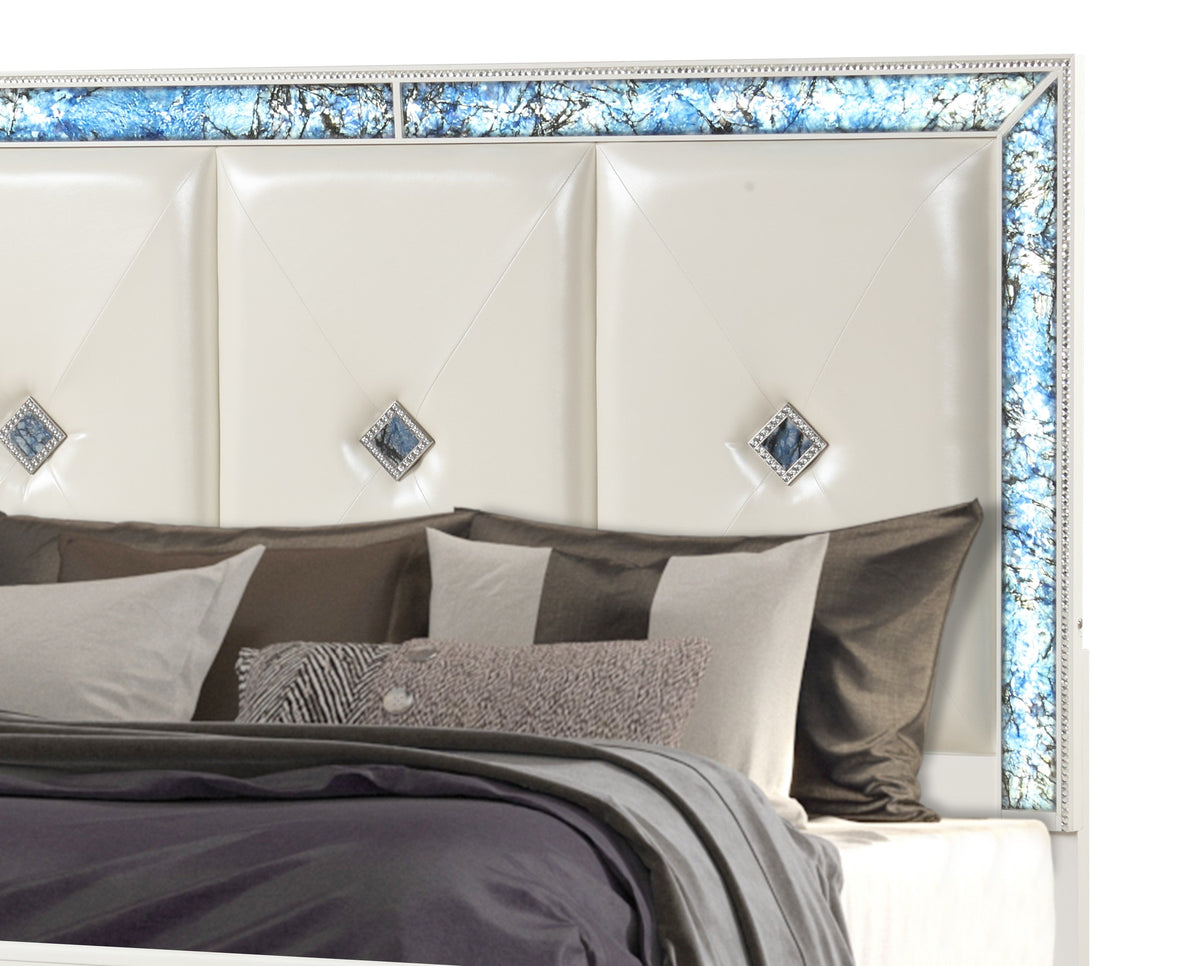 Laguna Modern Style 5 Pc Queen Upholstered Bedroom Set with LED Headboard - Blue Marble