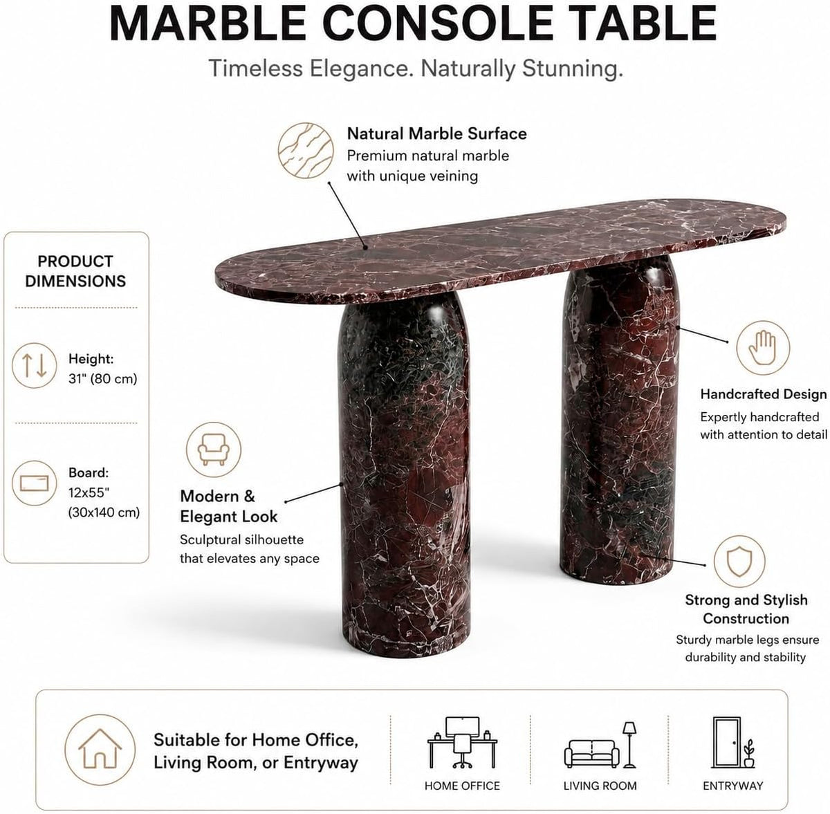 Handmade Natural Marble Console Table | Custom Stone Entryway & Sofa Table