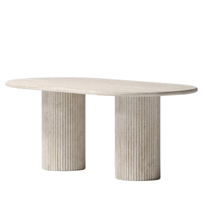 Travertine Oval Dining Table Light Stone Fluted Round Legs