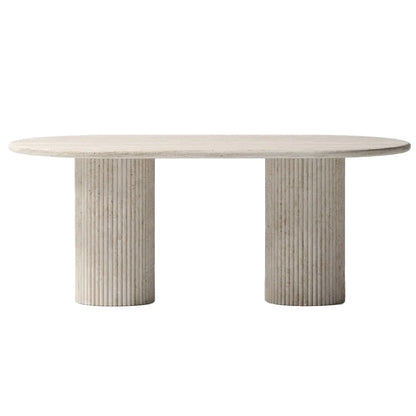 Travertine Oval Dining Table Light Stone Fluted Round Legs